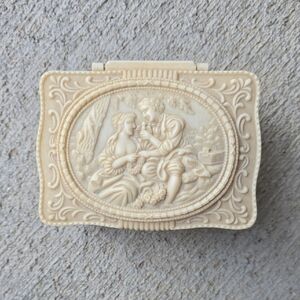 Vintage Ornate Celluloid Footed Cream Decorative Trinket Jewelry Box